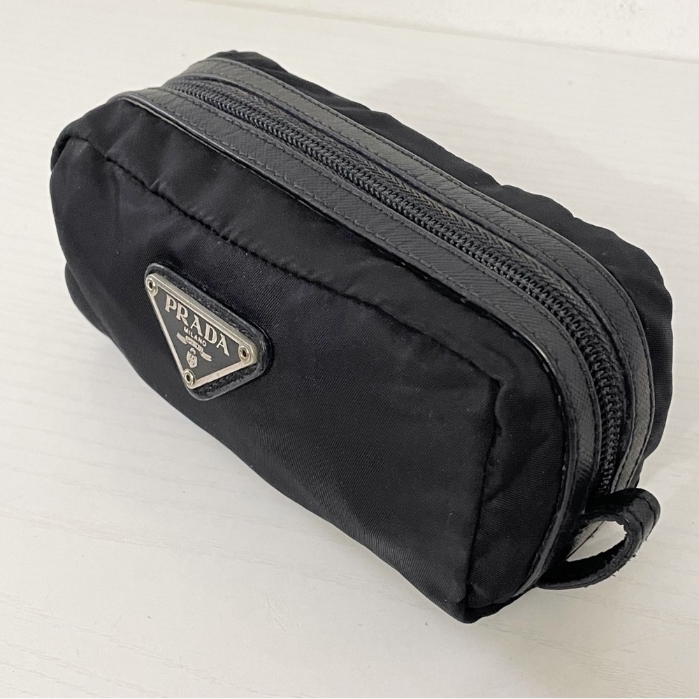 Prada small black nylon triangle logo saffiano zip pouch - Picture 3 of 10